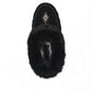 Manitobah Tipi black suede moccasins with rabbit fur trim and fleece lining for indoor comfort.