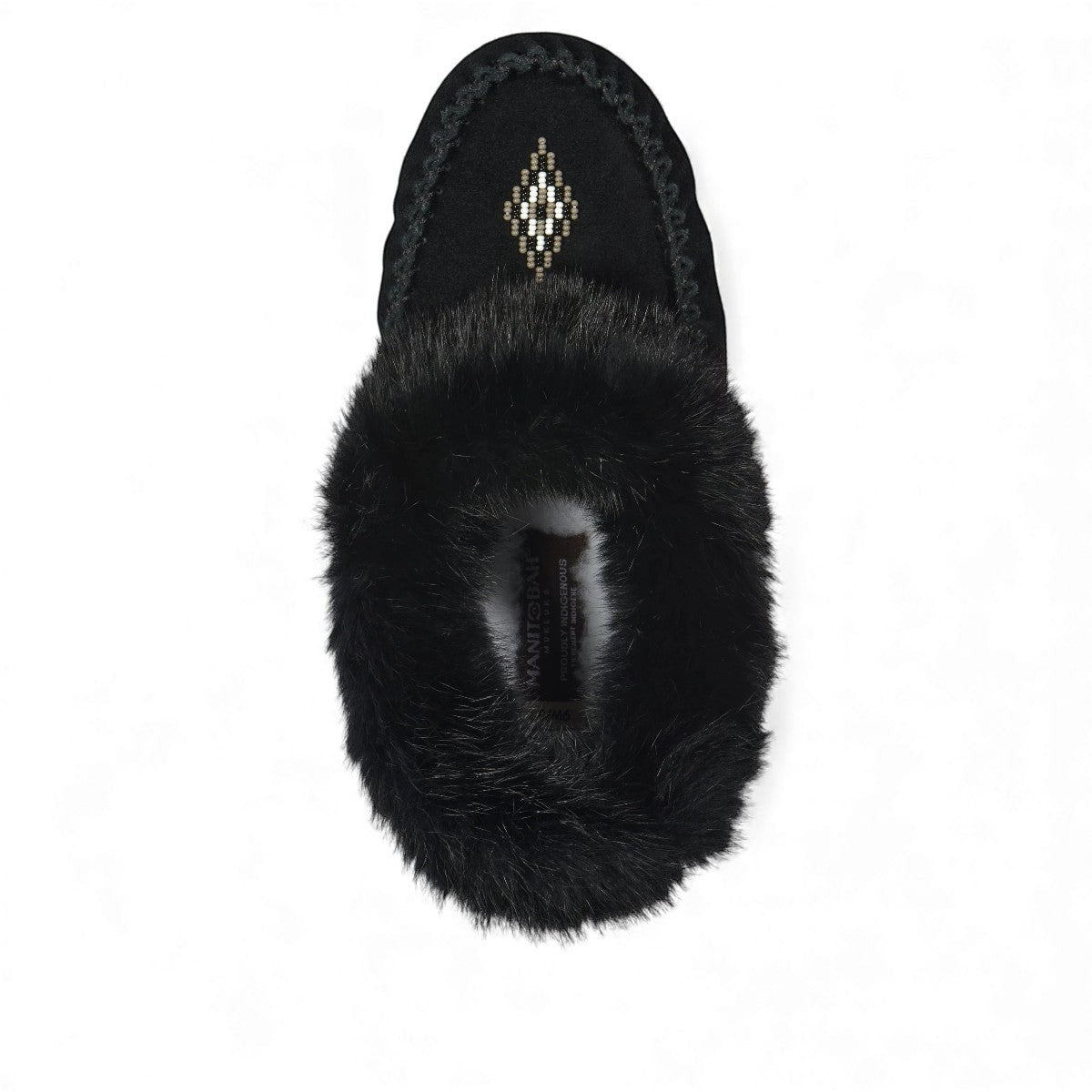 Manitobah Tipi black suede moccasins with rabbit fur trim and fleece lining for indoor comfort.