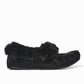 Manitobah Tipi black suede moccasins with rabbit fur trim and fleece lining for indoor comfort.