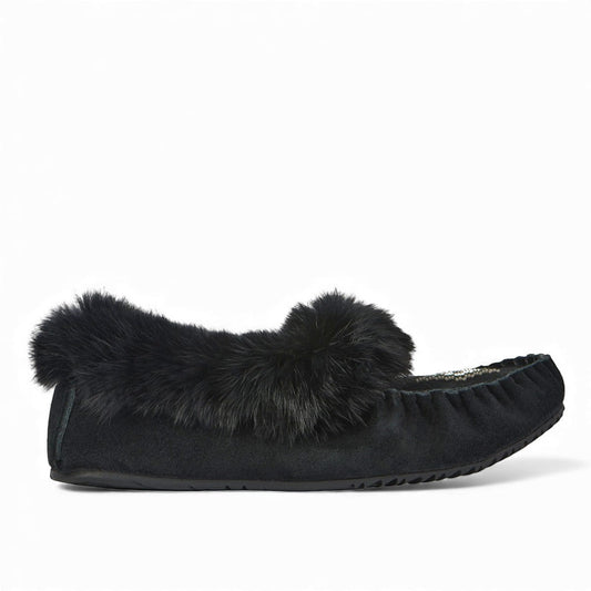 Manitobah Tipi black suede moccasins with rabbit fur trim and fleece lining for indoor comfort.