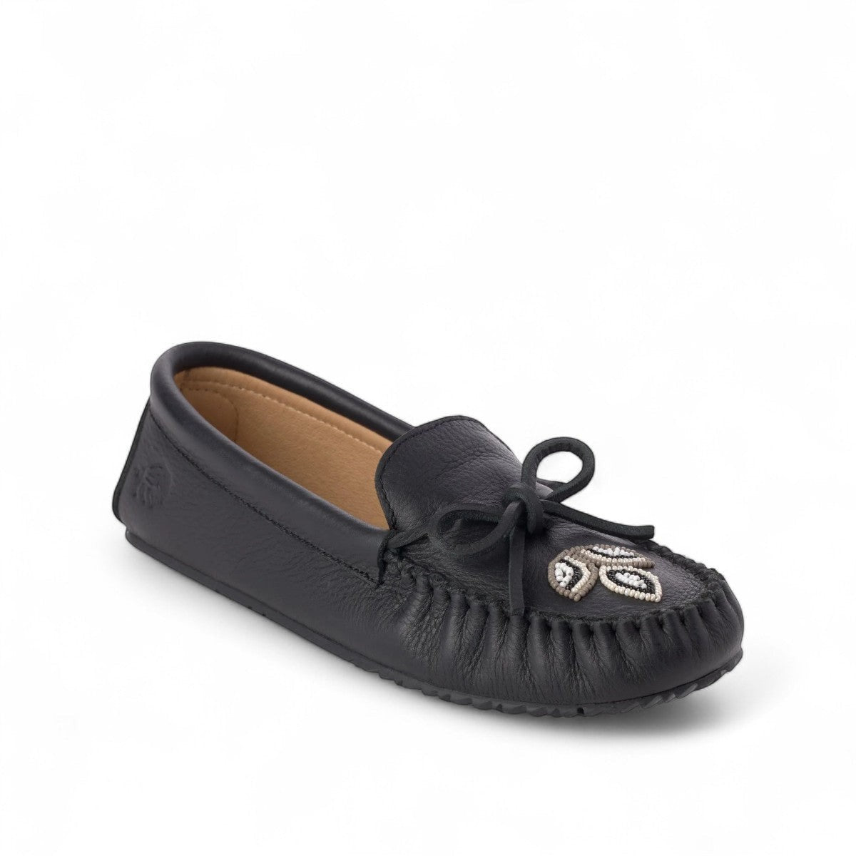 Manitobah Kayak moccasin in onyx black leather with traditional beadwork and a durable turtle sole.