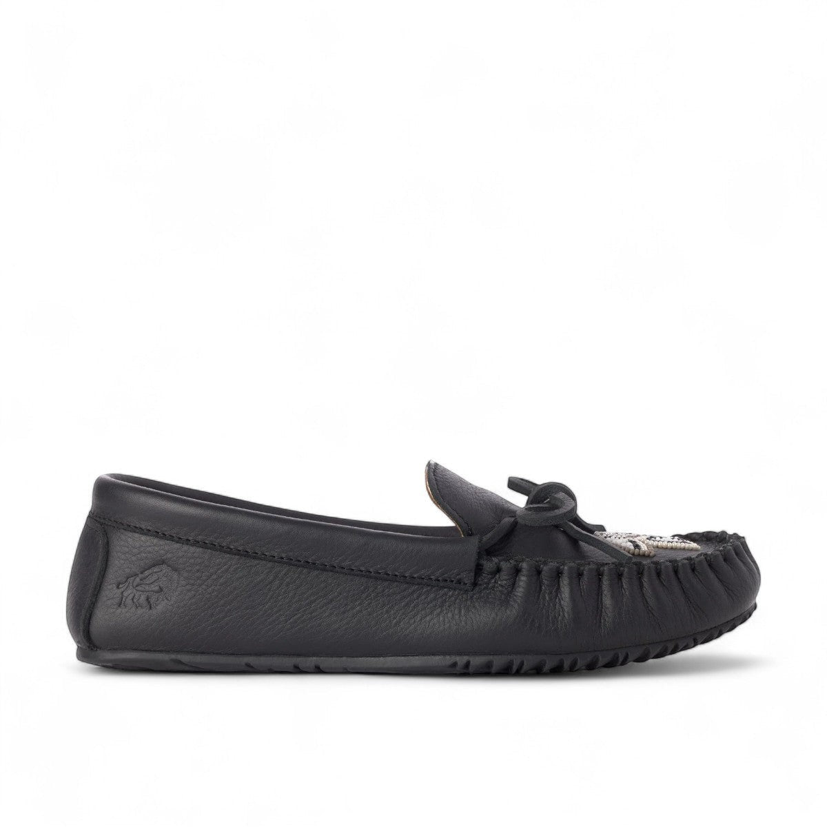 Manitobah Kayak moccasin in onyx black leather with traditional beadwork and durable turtle sole