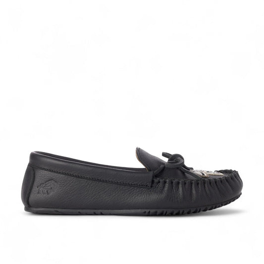Manitobah Kayak moccasin in onyx black leather with traditional beadwork and durable turtle sole