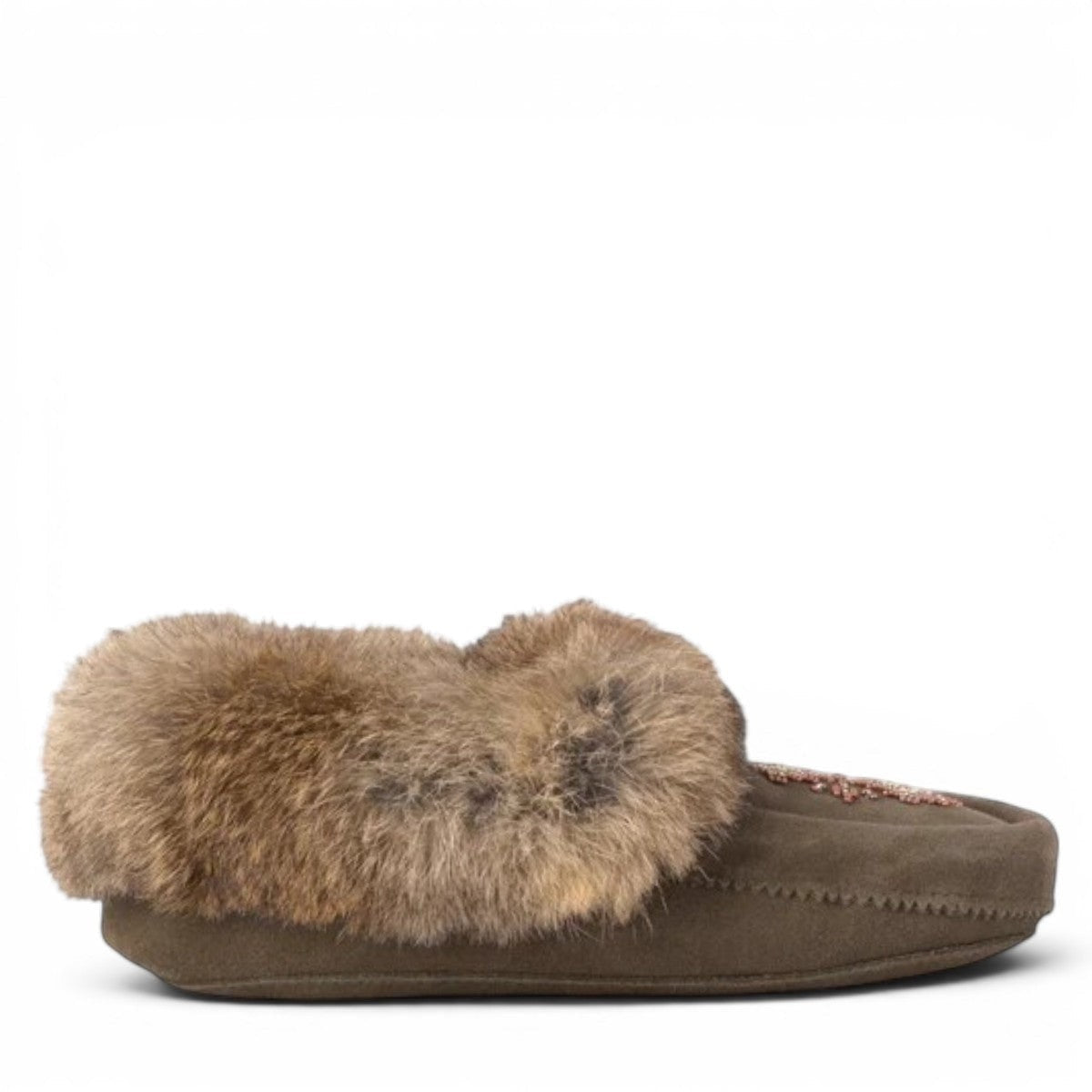 Manitobah Tipi olive suede indoor moccasin slipper with rabbit fur trim and fleece lining