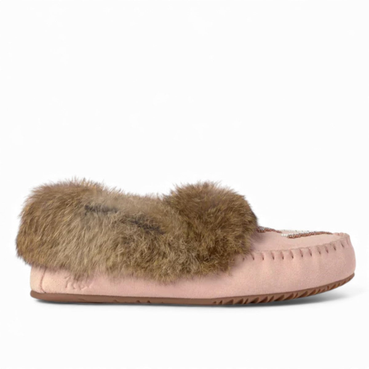 Manitobah Street suede moccasin in rose with a brown fur ankle cuff and beaded vamp detail.