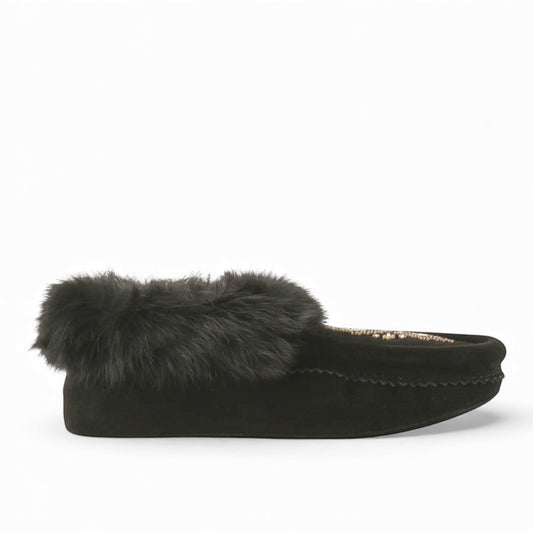 Manitobah Tipi black suede indoor moccasin slipper with rabbit fur trim and beaded detail