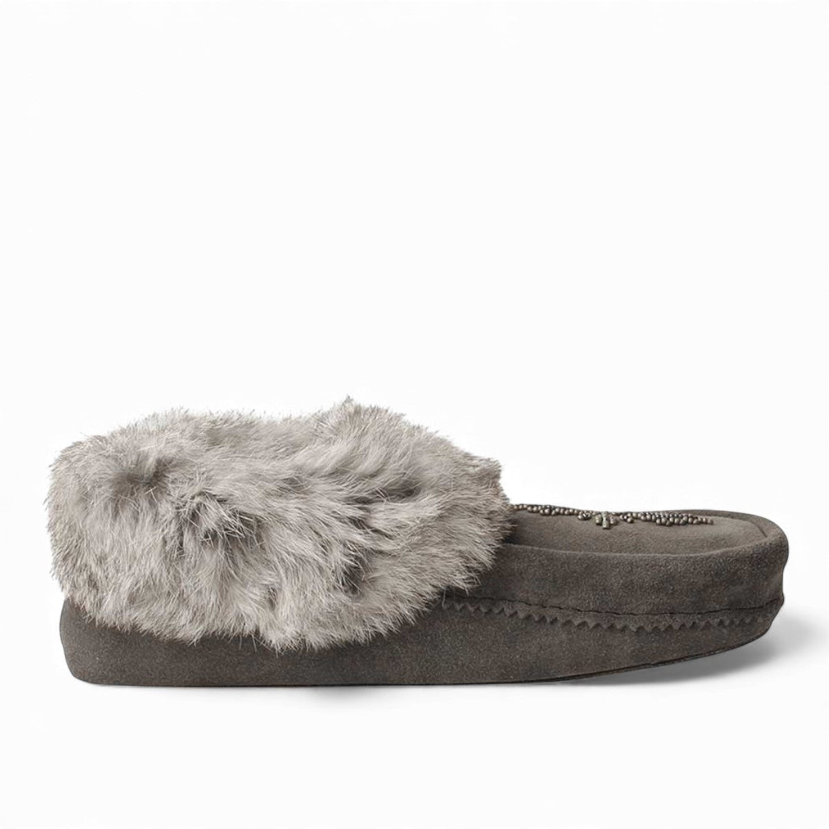 Manitobah Tipi charcoal suede moccasin with rabbit fur trim and fleece lining, side view