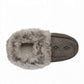 Manitobah Tipi charcoal suede moccasin with rabbit fur trim and fleece lining, side view