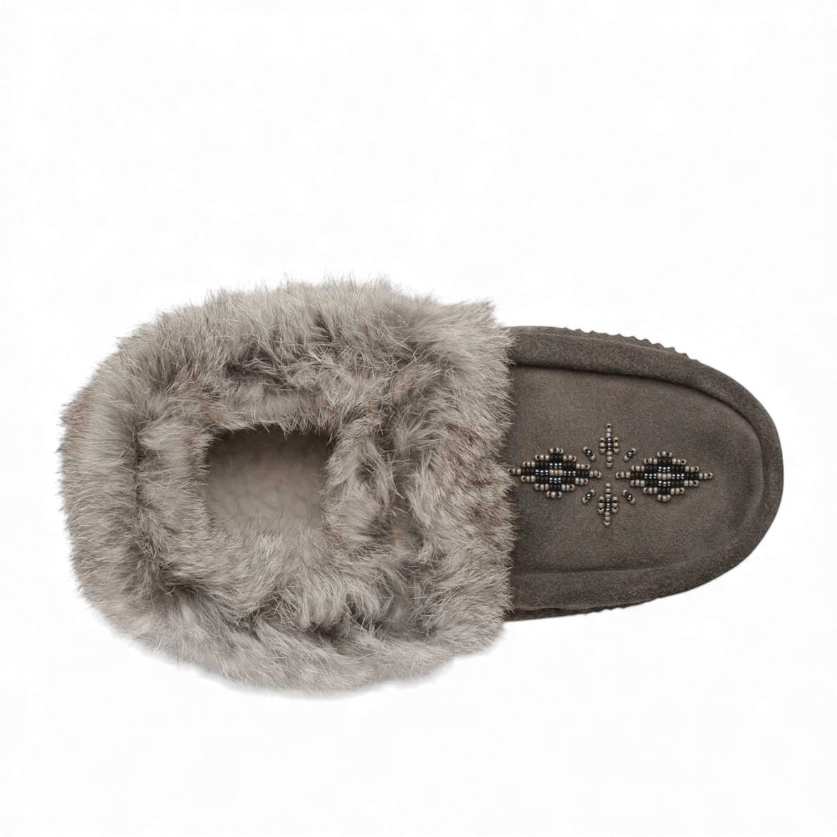 Manitobah Tipi charcoal suede moccasin with rabbit fur trim and fleece lining, side view