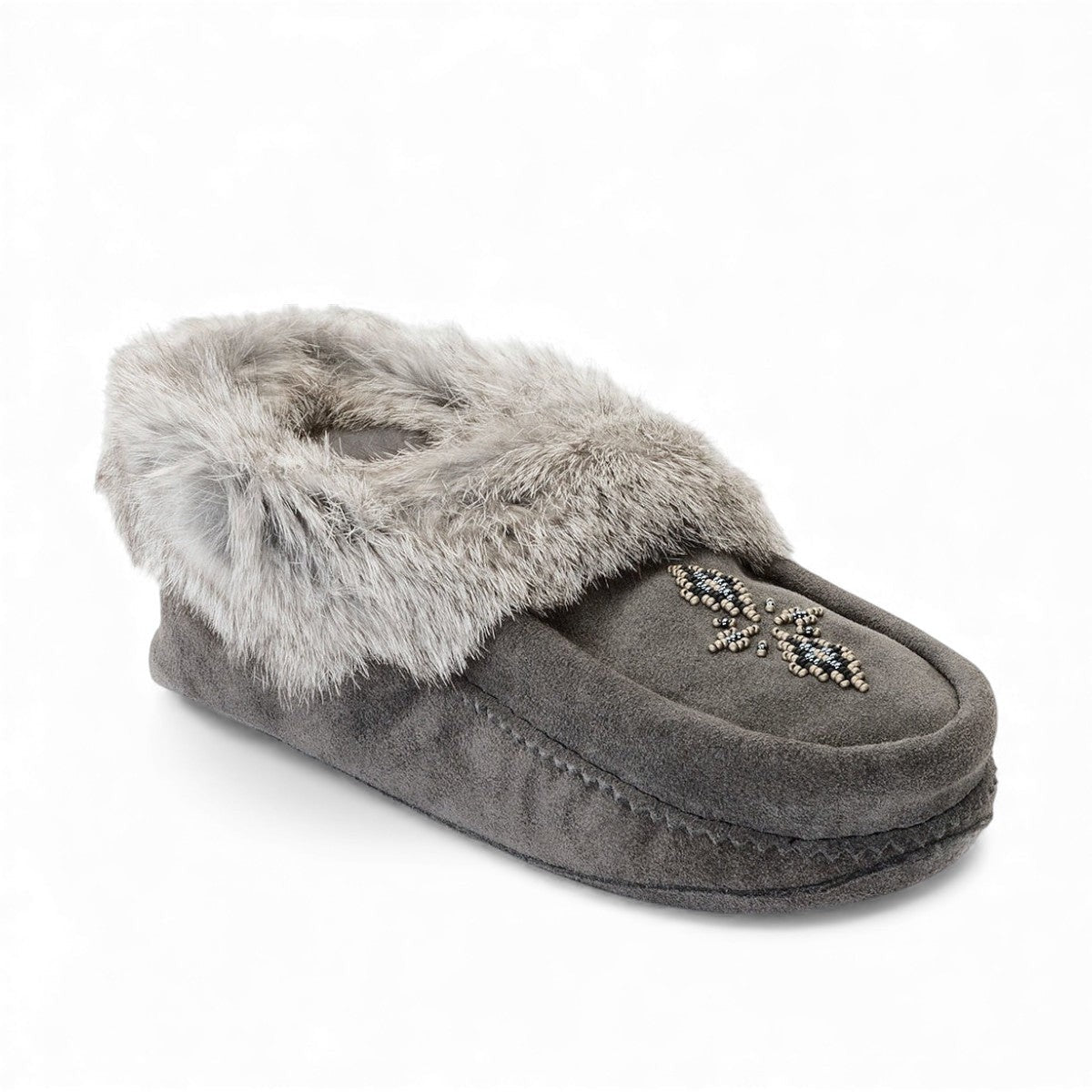Manitobah Tipi charcoal suede moccasin with rabbit fur trim and fleece lining, side view