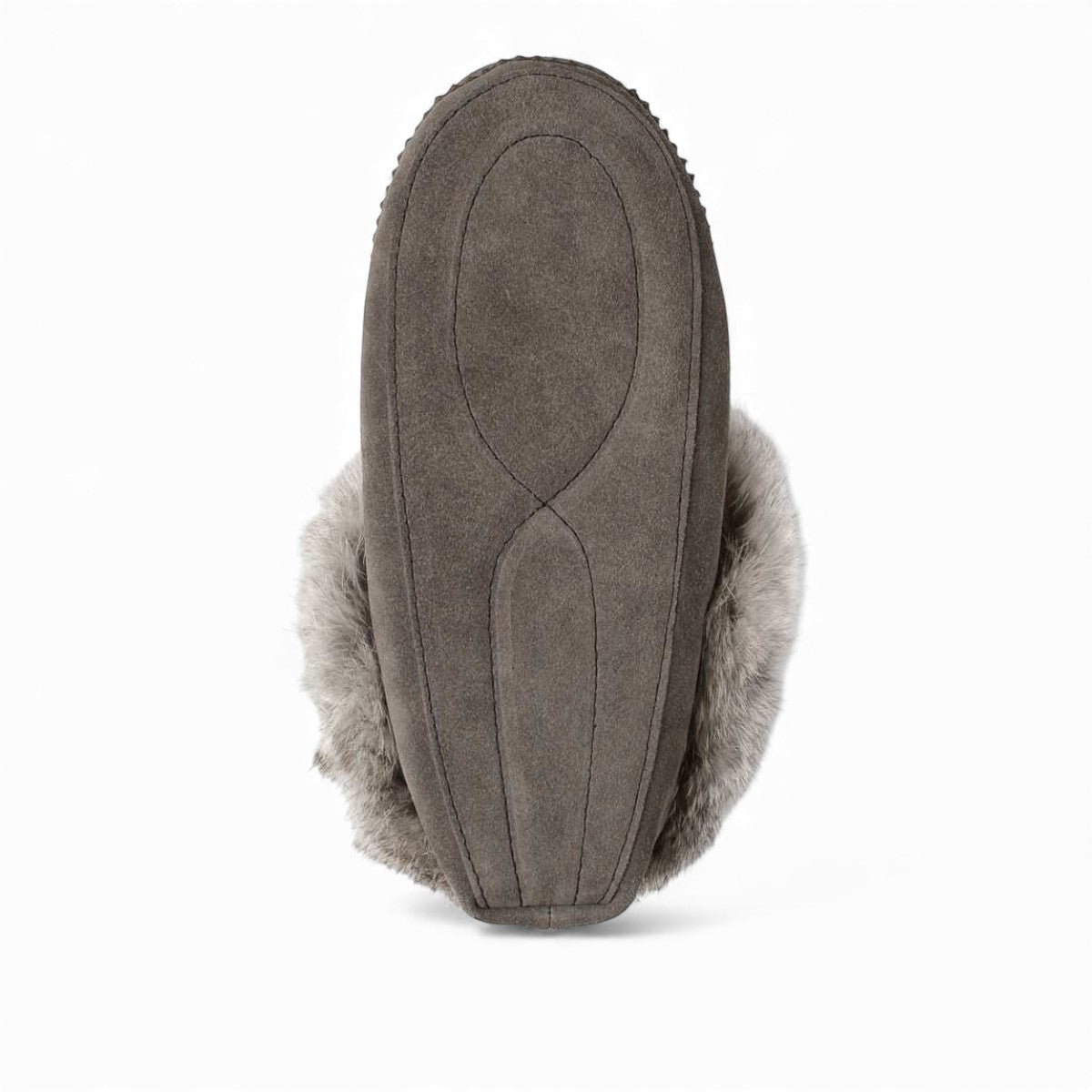 Manitobah Tipi charcoal suede moccasin with rabbit fur trim and fleece lining, side view