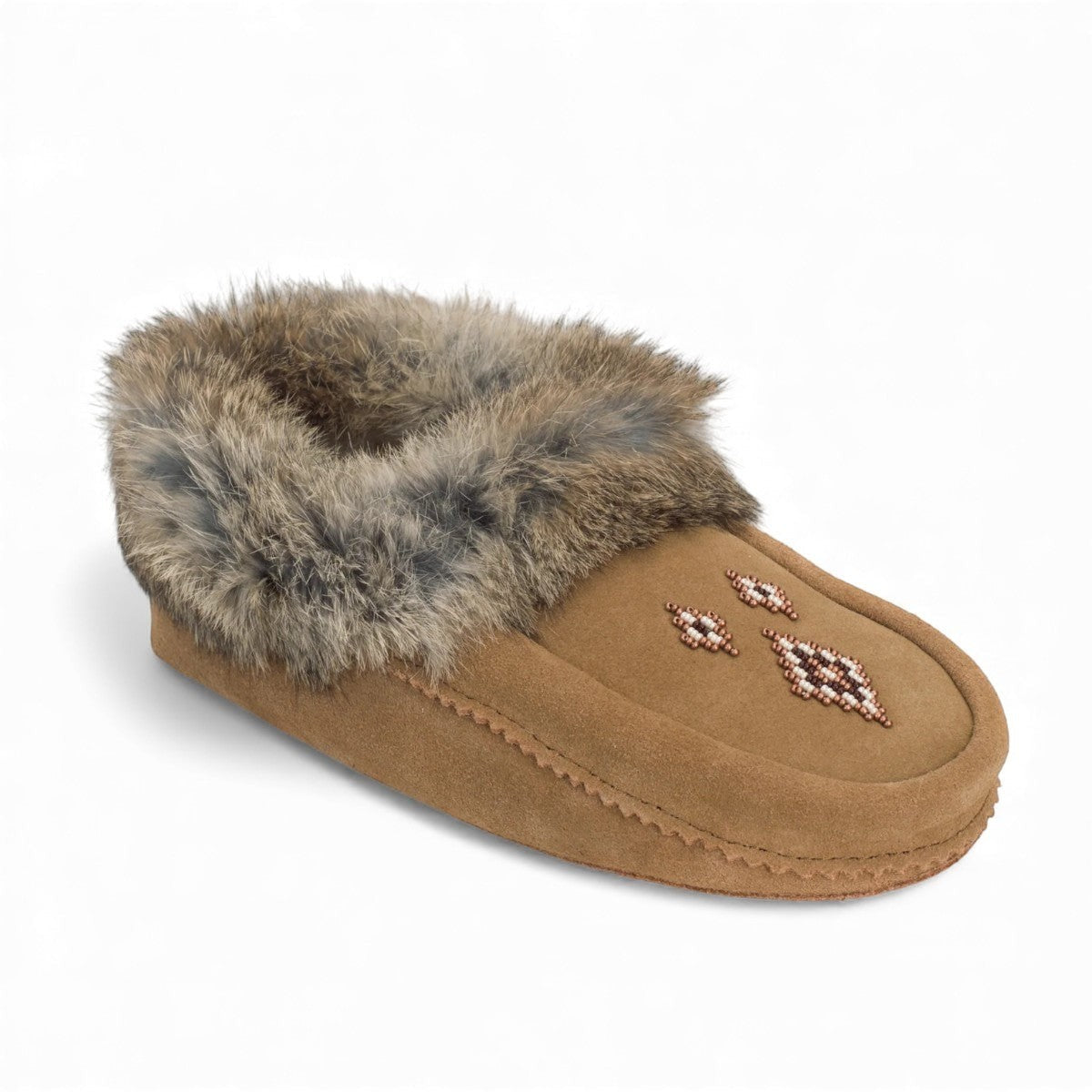 Manitobah Tipi oak cowhide suede moccasins with rabbit fur trim and fleece lining, side view