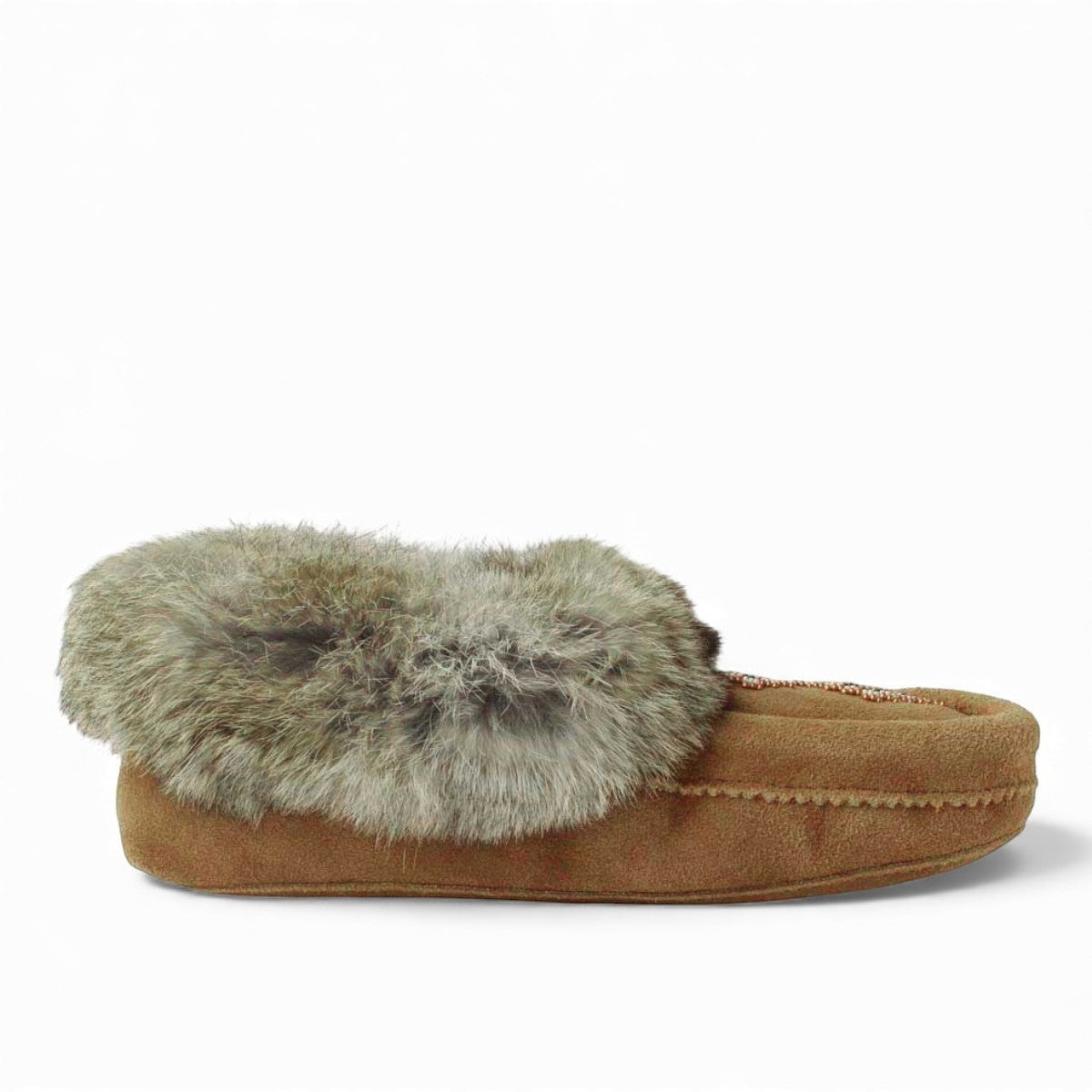 Manitobah Tipi oak cowhide suede moccasins with rabbit fur trim and fleece lining, side view