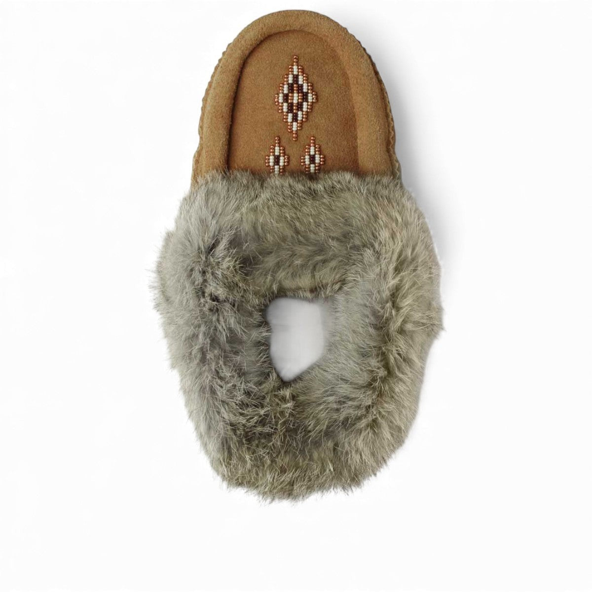 Manitobah Tipi oak cowhide suede moccasins with rabbit fur trim and fleece lining, side view