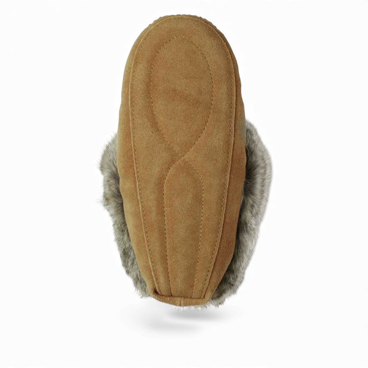 Manitobah Tipi oak cowhide suede moccasins with rabbit fur trim and fleece lining, side view