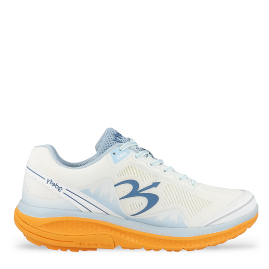 Men's GDEFY Mighty Walk athletic shoes in white, blue, and orange with breathable mesh and cushioned sole. Photo of right side view.