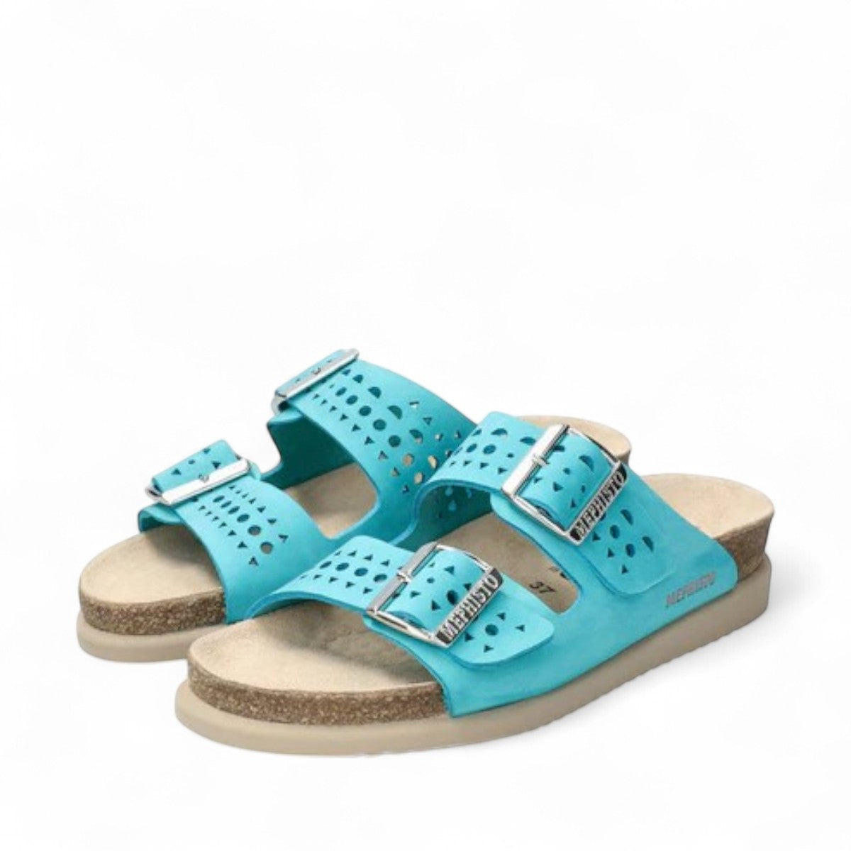Mephisto Hester Perf turquoise sandalbuck mule showing the textured rubber outsole and cork midsole