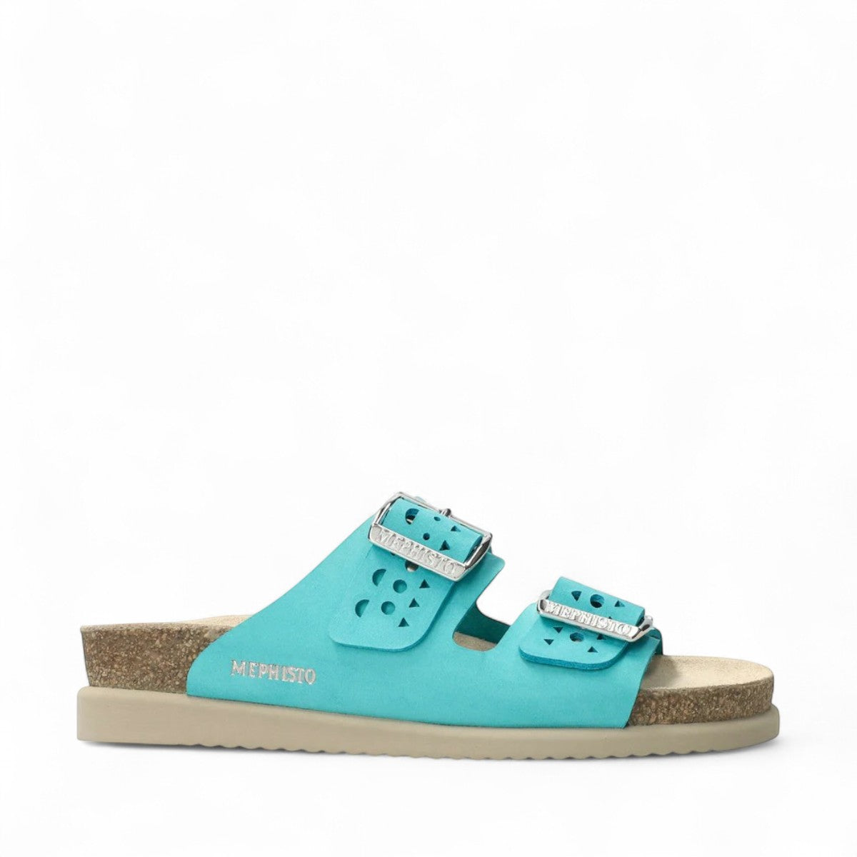 Mephisto Hester Perf turquoise sandalbuck mule showing the textured rubber outsole and cork midsole
