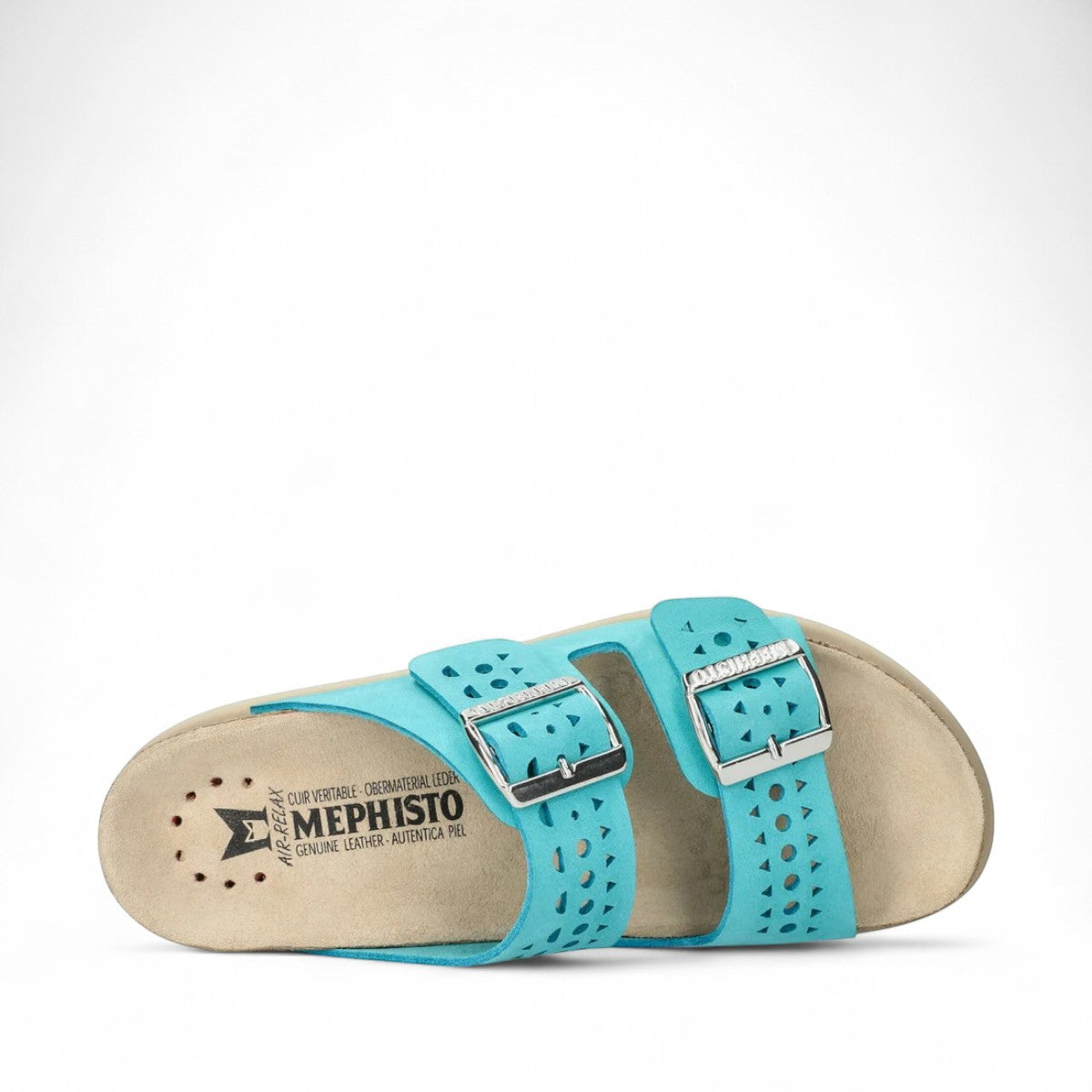 Mephisto Hester Perf turquoise sandalbuck mule showing the textured rubber outsole and cork midsole