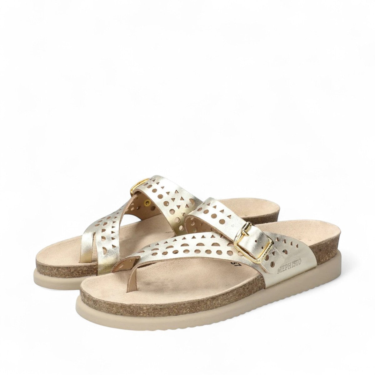 Mephisto Helena Perf gold vega sandal showing the textured EVA shock-absorbing outsole with brand branding