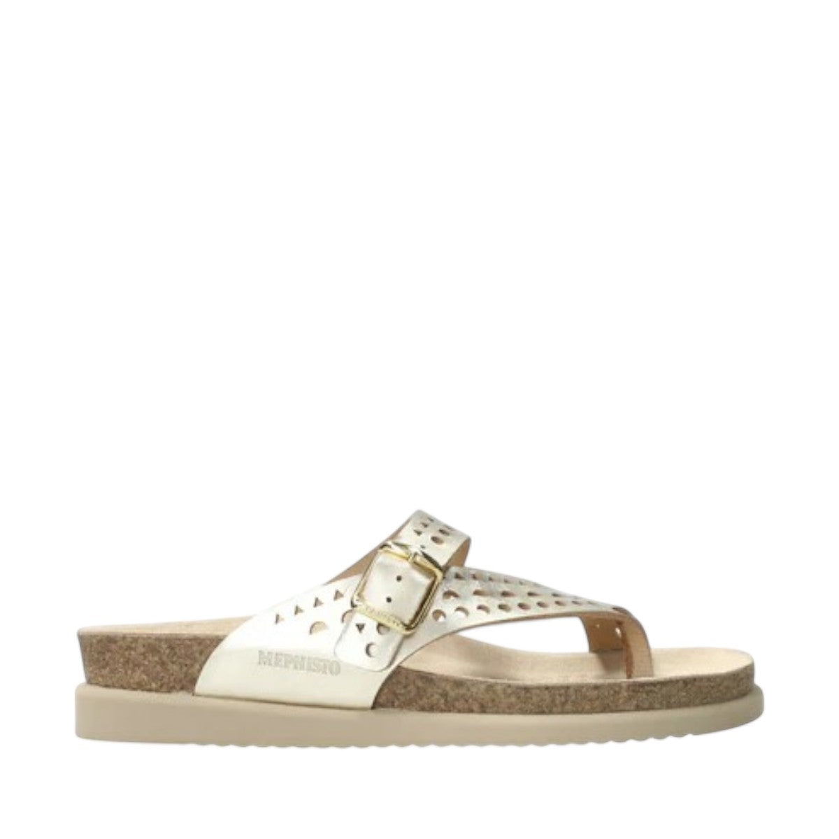 Mephisto Helena Perf gold vega sandal showing the textured EVA shock-absorbing outsole with brand branding