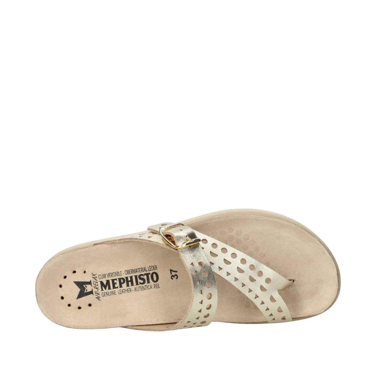 Mephisto Helena Perf gold vega sandal showing the textured EVA shock-absorbing outsole with brand branding