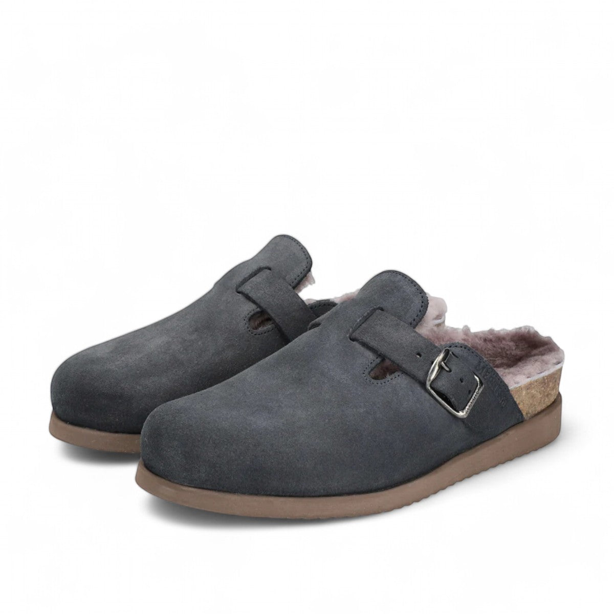 Mephisto Halexia deep blue mule showing the brown textured rubber outsole with branding