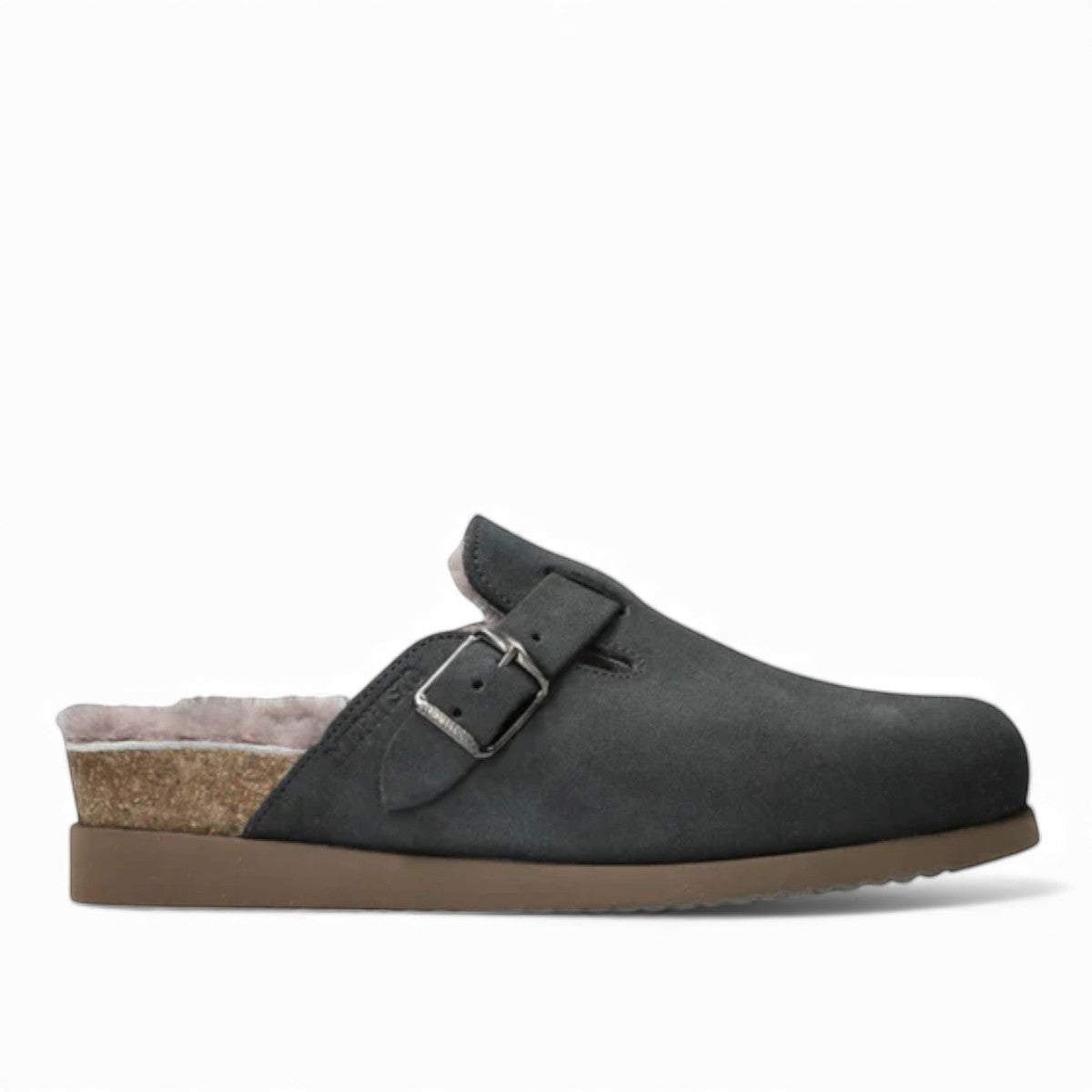 Mephisto Halexia deep blue mule showing the brown textured rubber outsole with branding