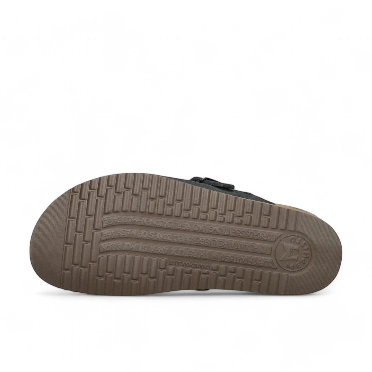 Mephisto Halexia deep blue mule showing the brown textured rubber outsole with branding