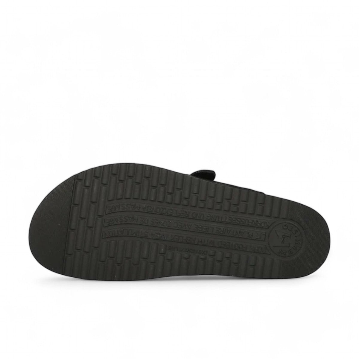 Black Mephisto Halina sandal outsole with textured tread pattern and brand logo detail