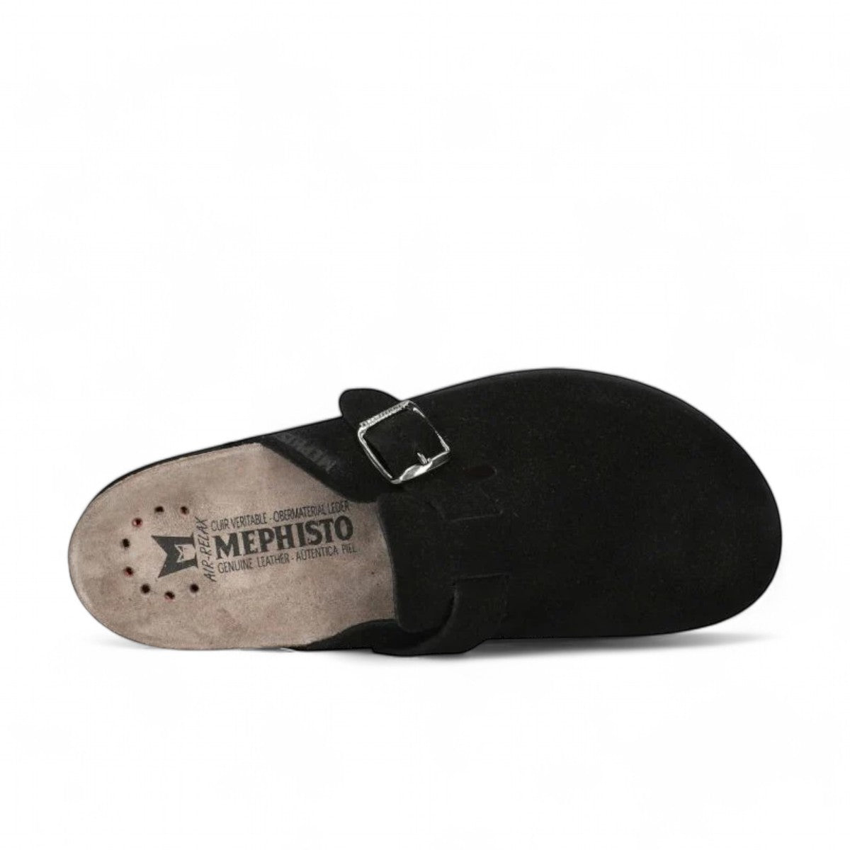 Black Mephisto Halina sandal outsole with textured tread pattern and brand logo detail