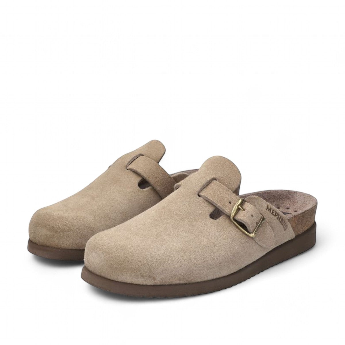 Mephisto Halina warm grey velvet leather mule with adjustable buckle strap and wool lining