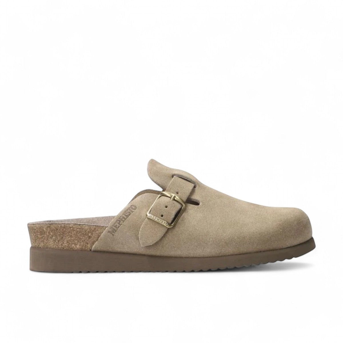 Mephisto Halina warm grey velvet leather mule with adjustable buckle strap and wool lining