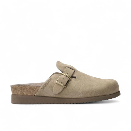 Mephisto Halina warm grey velvet leather mule with adjustable buckle strap and wool lining