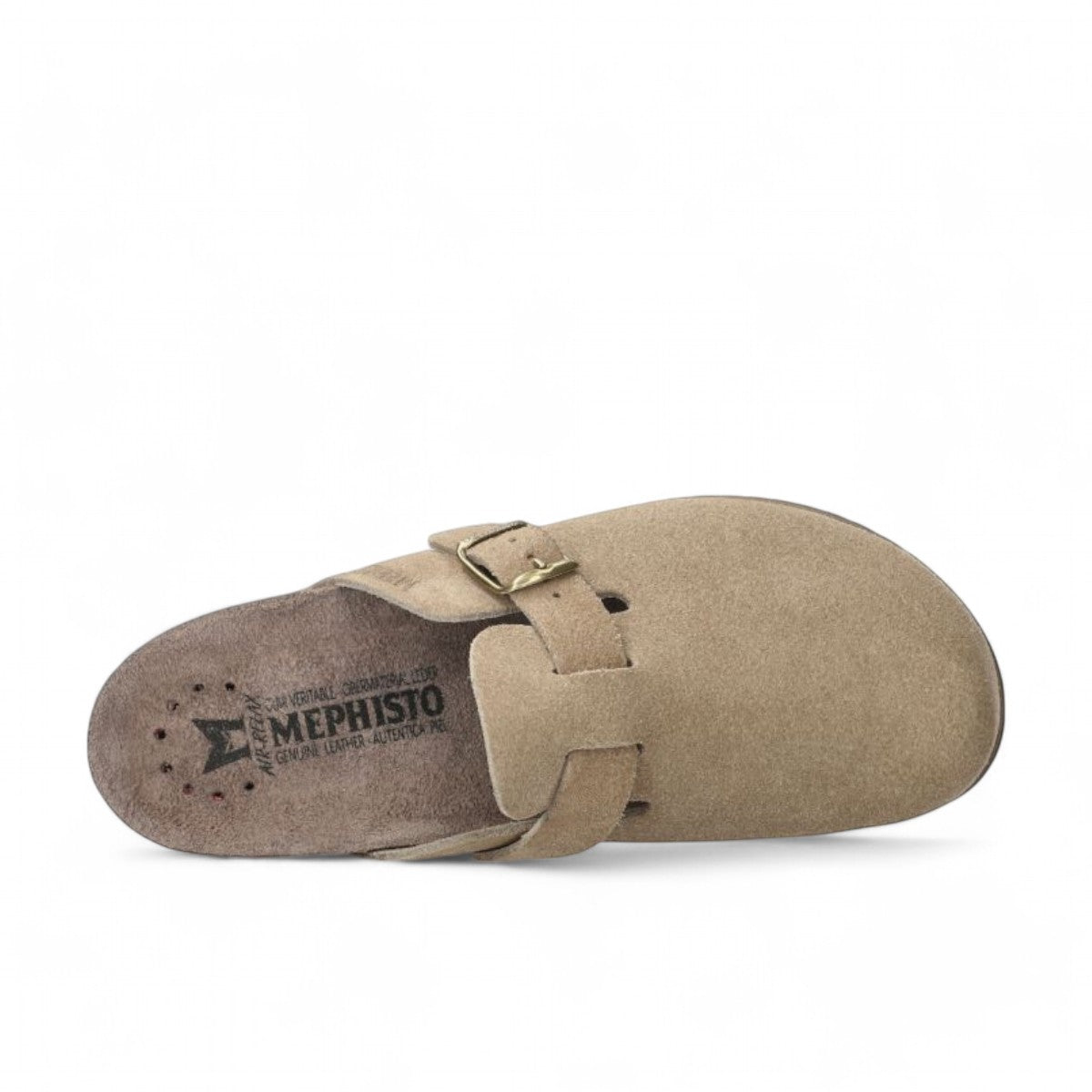 Mephisto Halina warm grey velvet leather mule with adjustable buckle strap and wool lining