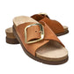 Mephisto Hariana camel scratch leather slide sandals with a large gold buckle and comfortable cork footbed.