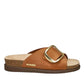 Mephisto Hariana camel scratch leather slide sandals with a large gold buckle and comfortable cork footbed.
