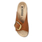 Mephisto Hariana camel scratch leather slide sandals with a large gold buckle and comfortable cork footbed.