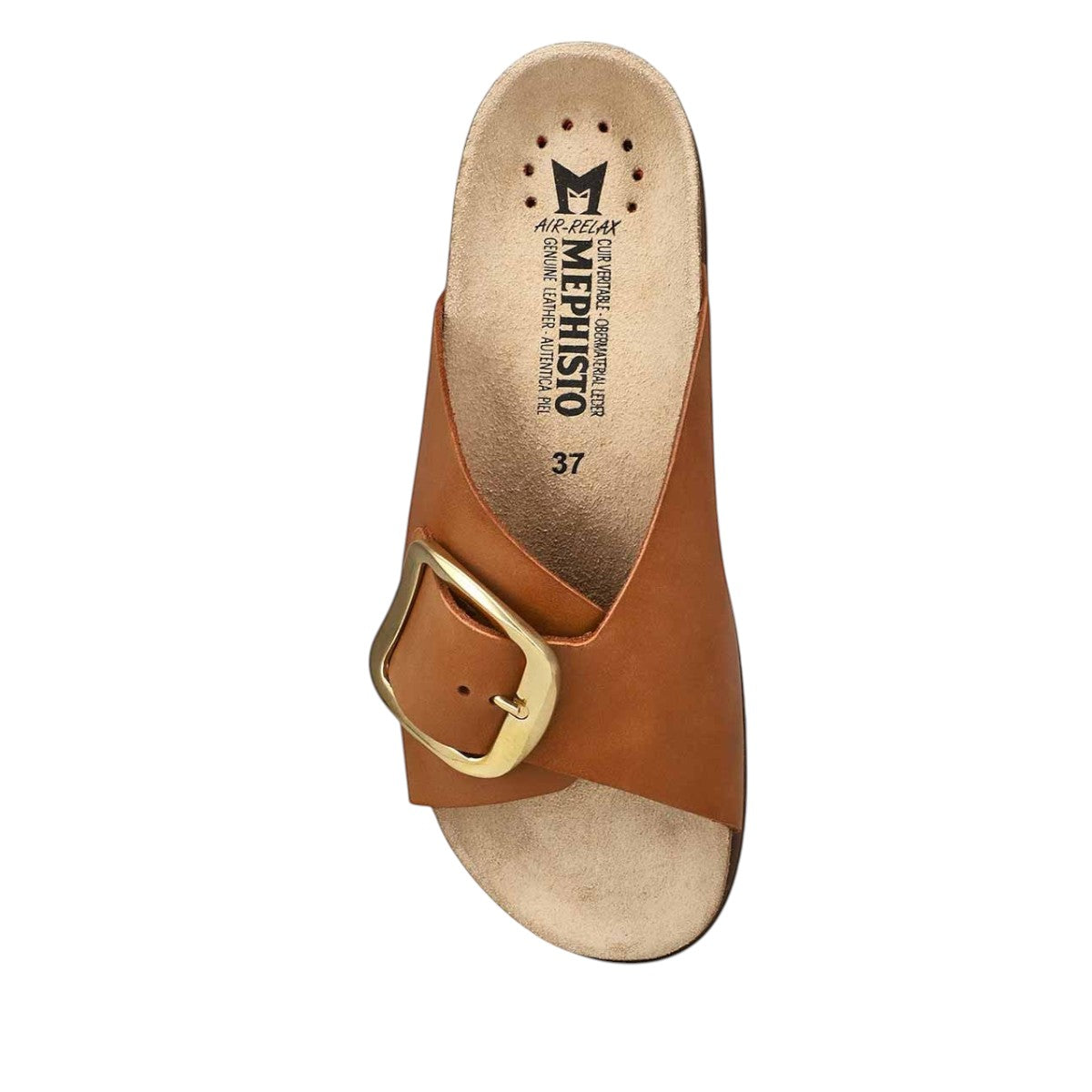 Mephisto Hariana camel scratch leather slide sandals with a large gold buckle and comfortable cork footbed.
