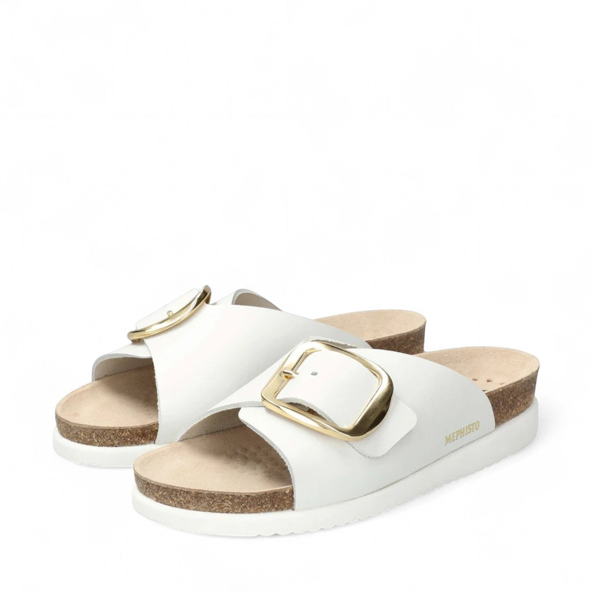 Mephisto Hariana white sandanyl leather slide sandal showing the textured rubber outsole with branding