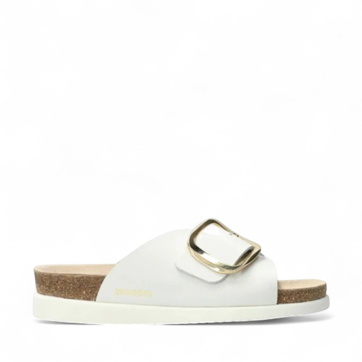 Mephisto Hariana white sandanyl leather slide sandal showing the textured rubber outsole with branding