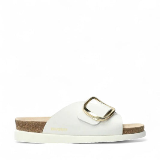 Mephisto Hariana white sandanyl leather slide sandal showing the textured rubber outsole with branding