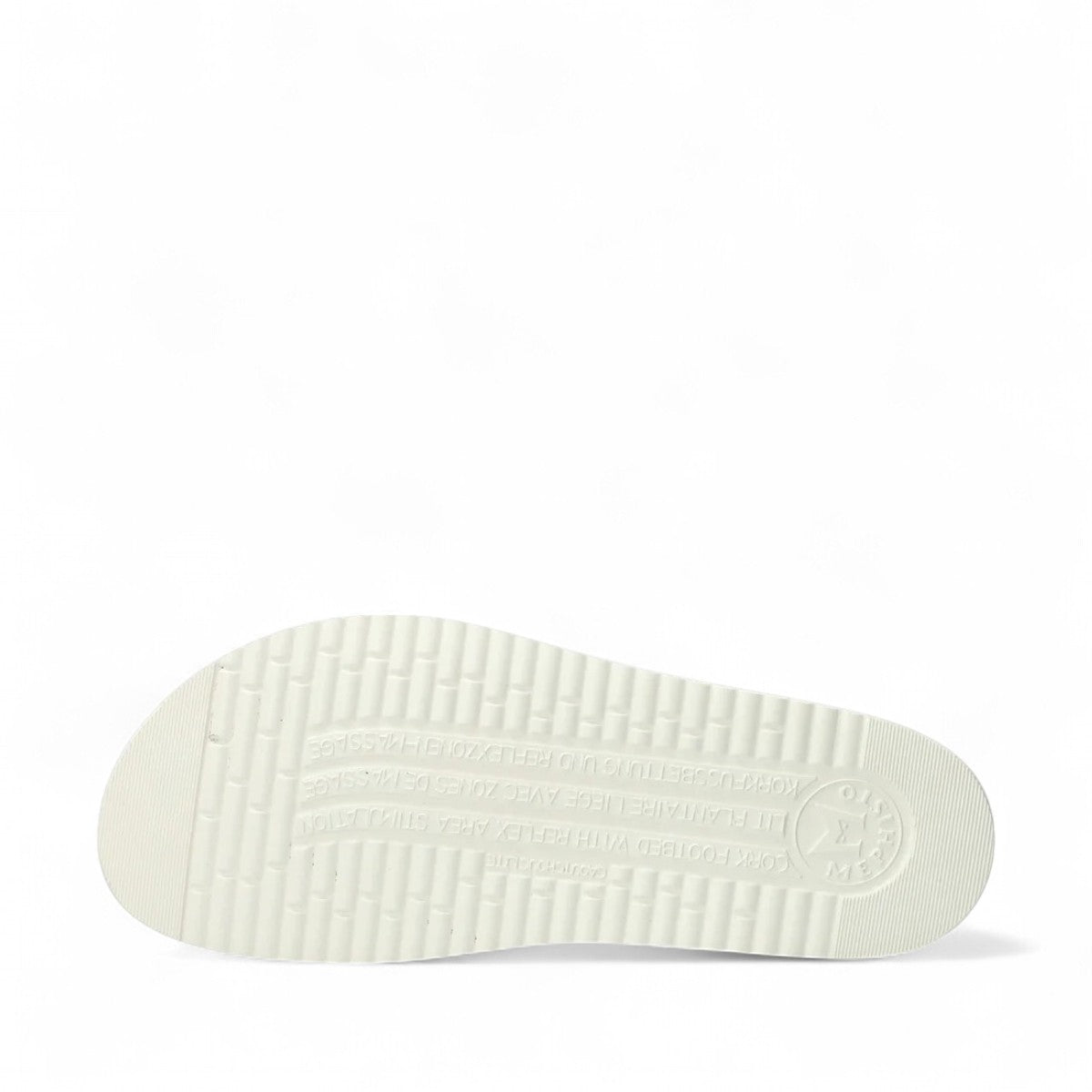 Mephisto Hariana white sandanyl leather slide sandal showing the textured rubber outsole with branding