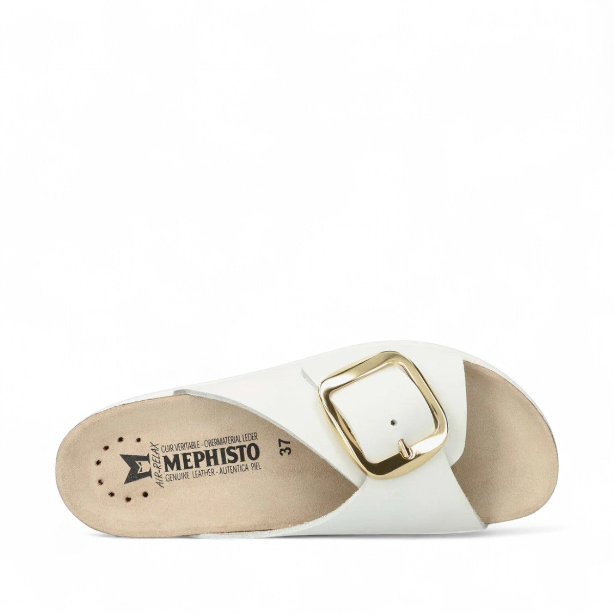 Mephisto Hariana white sandanyl leather slide sandal showing the textured rubber outsole with branding