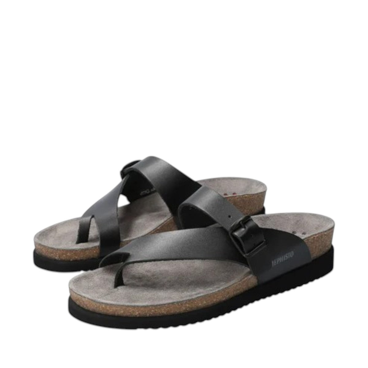Mephisto Helen black leather sandal showing the textured black rubber outsole and cork midsole.
