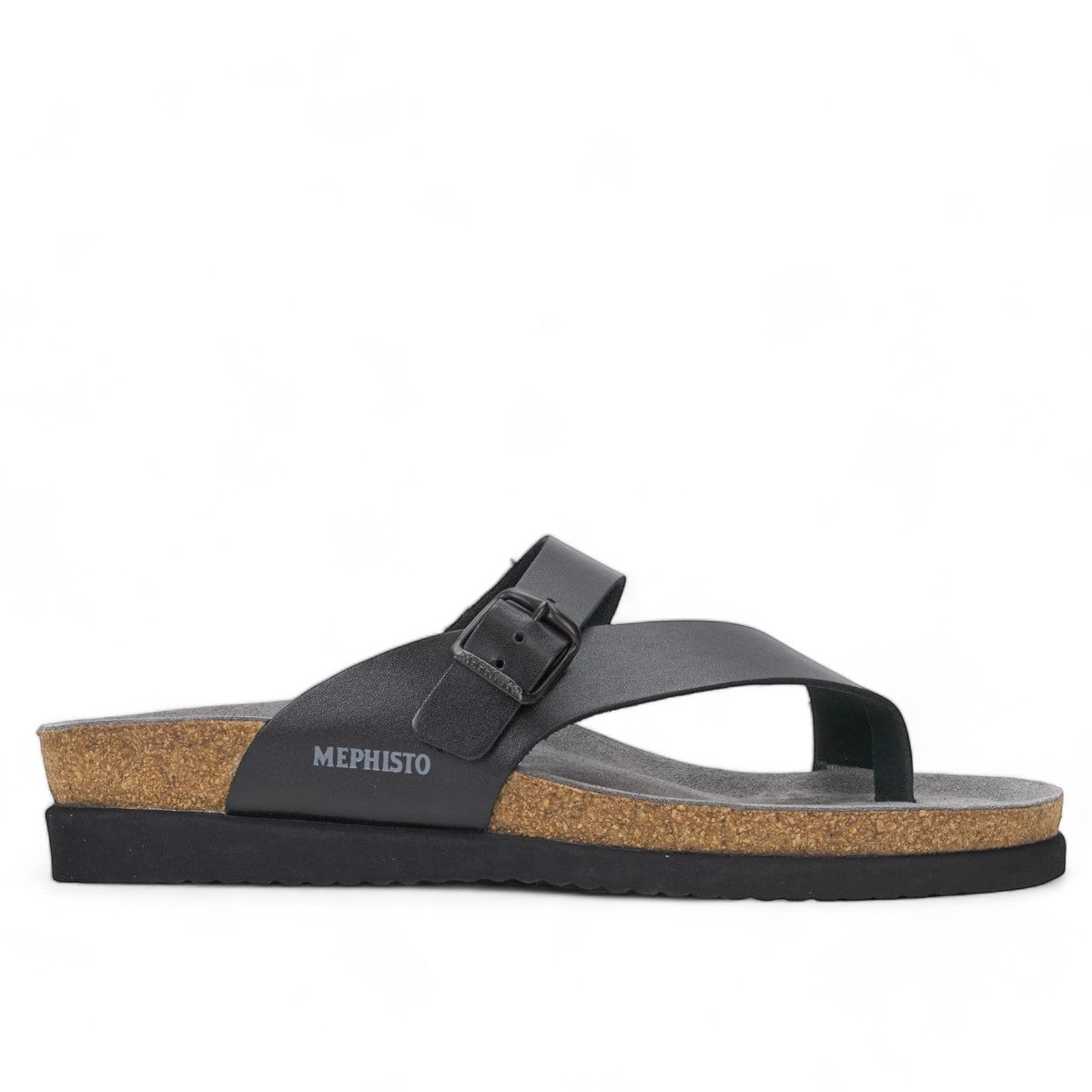 Mephisto Helen black leather sandal showing the textured black rubber outsole and cork midsole.