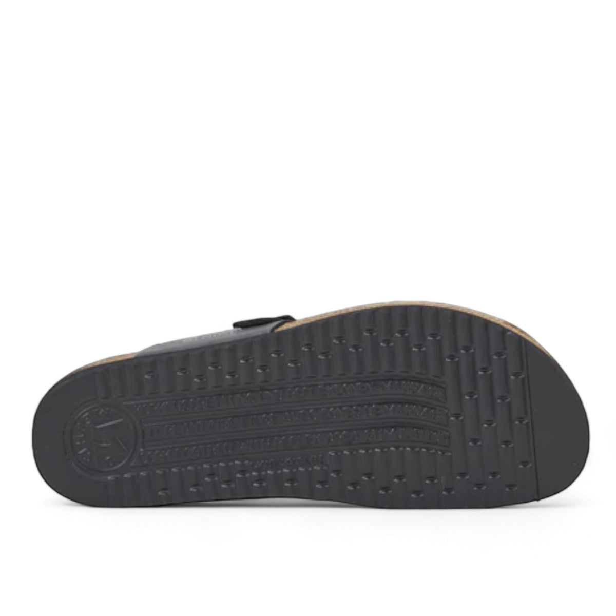 Mephisto Helen black leather sandal showing the textured black rubber outsole and cork midsole.