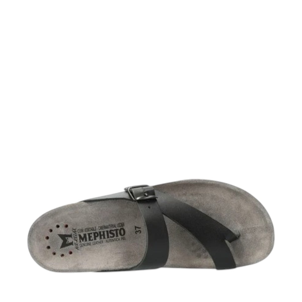 Mephisto Helen black leather sandal showing the textured black rubber outsole and cork midsole.