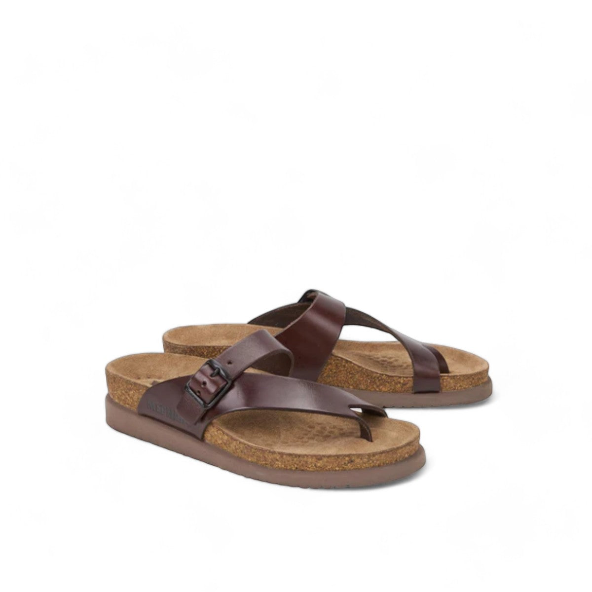 Mephisto Helen chestnut leather thong sandal with adjustable buckle strap and cork footbed