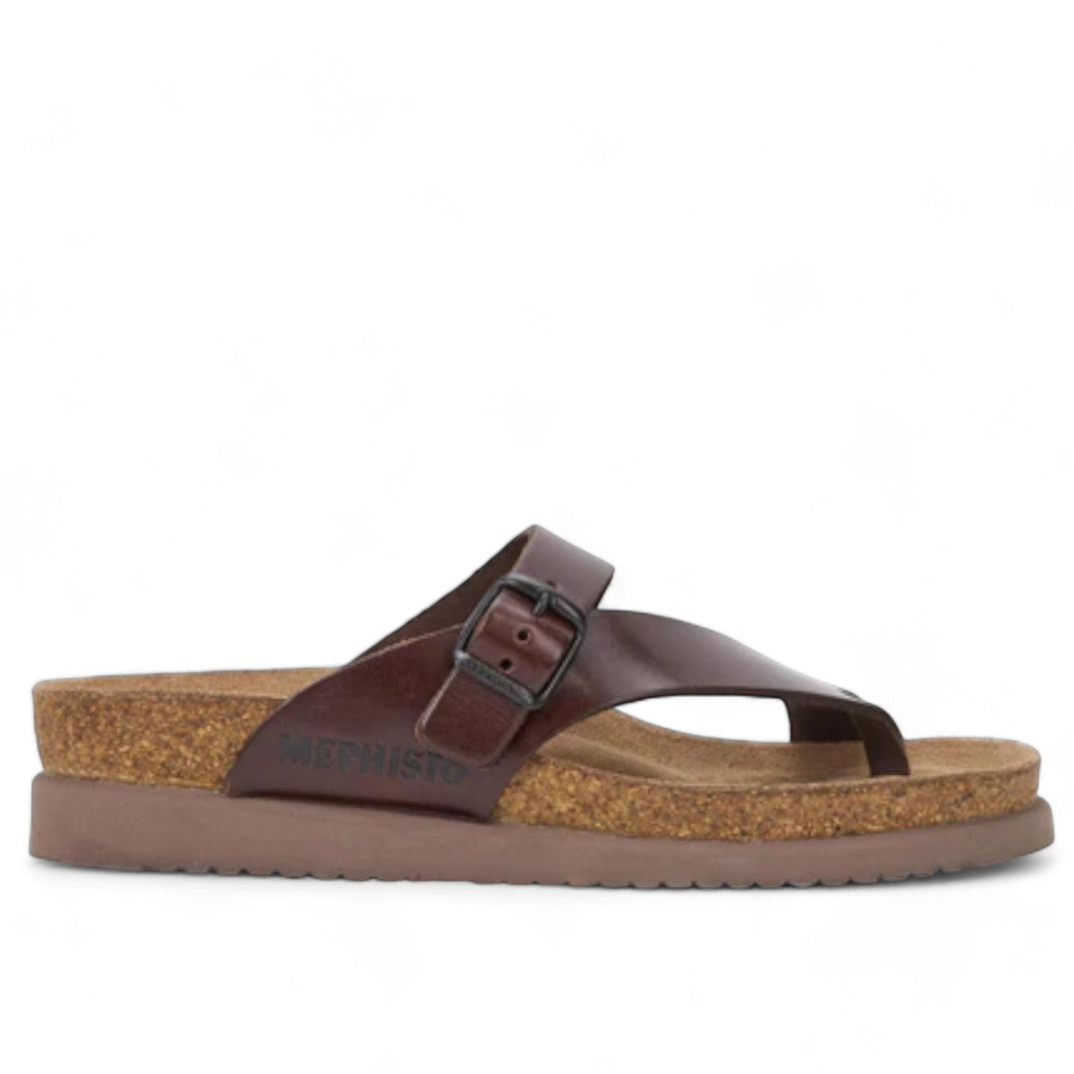 Mephisto Helen chestnut leather thong sandal with adjustable buckle strap and cork footbed